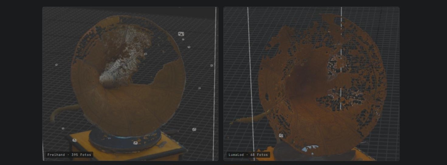 Zwei RealityScan-Ansichten desselben Grammophon-Trichters nebeneinander: links Freihand mit 395 Fotos und einer großen Lücke in der Fläche, rechts LumaLod mit 68 Fotos und nur kleinen verstreuten Löchern